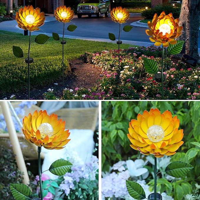 VCUTEKA Solar Garden Lights Metal Flower Decor Colorful Yellow Flowers Solar - Image 6