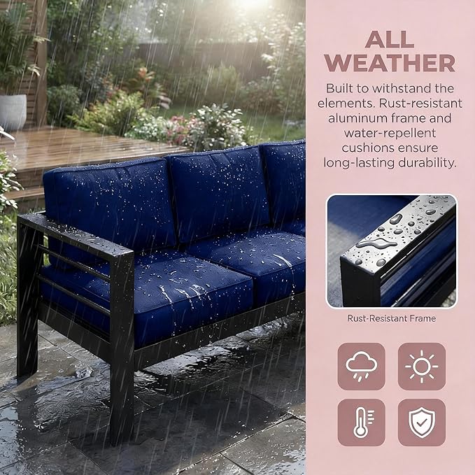 Kiss the Water Outdoor Couch Aluminum Patio Furniture Sofa, 3 Seat All-Weather - Image 6