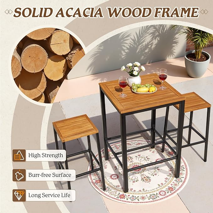 Devoko Acacia Wood Outdoor Patio Bar Set - Image 3