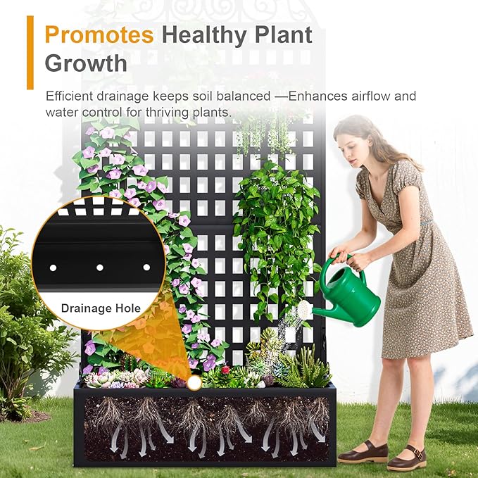 Metal Raised Garden Bed with Trellis, Freestanding Divider Fence with Drainage - Image 4