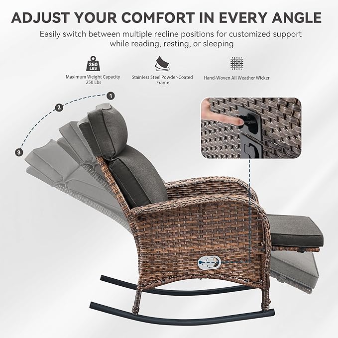 Zero Gravity Patio Rocking Wicker Recliner Chairs Set of 2- Wicker Outdoor - Image 6