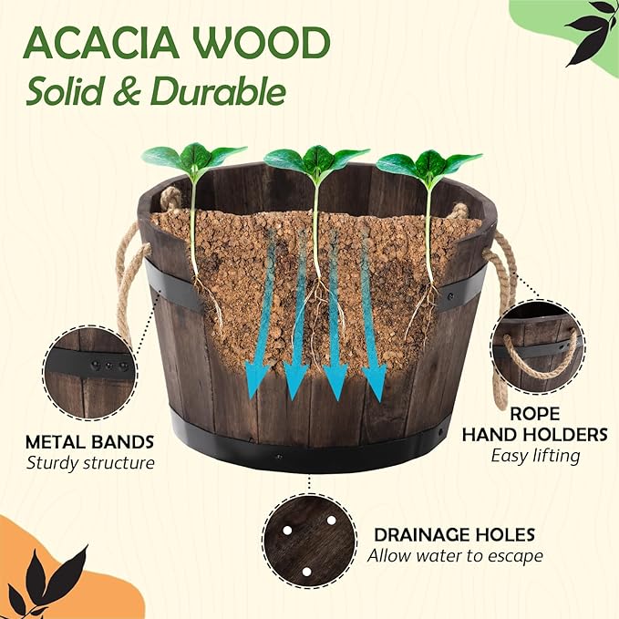 Set of 3 Wooden Flower Boxes Outdoor, Durable Acacia Wood Barrel Planters - Image 3