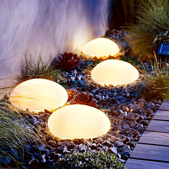 SUNNYPARK Solar Garden Lights Outdoor Set of 4 Plastic Pebble Shape Decorative by SUNNYPARK