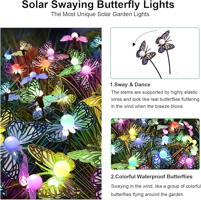 Solar Garden Butterfly Lights, 4 Pack 48 LED Solar Swaying Lights, 7 Color - Image 2