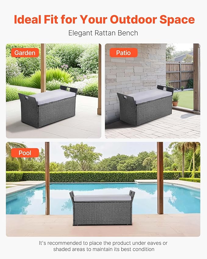 VEVOR Outdoor Storage Bench, 2-Person PE Rattan Storage Bench, 40 Gal Deck Box - Image 8