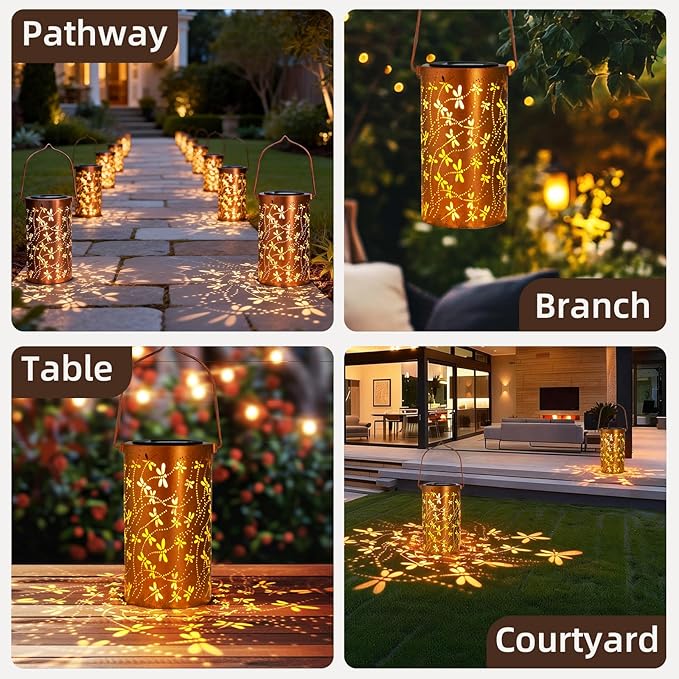 4 Pack Solar Lanterns Outdoor Hanging Lantern Lights, Dragonfly Hollowed-Out - Image 6