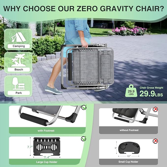 Suteck Oversized Zero Gravity Chair, 33In XXL Outdoor Recliner Chair - Image 5