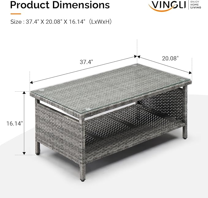 VINGLI Outdoor Wicker CoffeeTable Patio Coffee Tables - Image 3