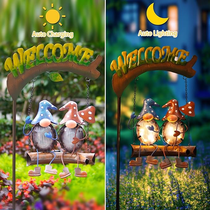 HONGLAND Gnomes Garden Decor Solar Lights, 48 Inch Welcome Sign Swing Yard - Image 2