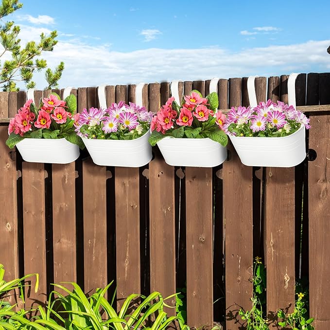 Foraineam 4 Pack Hanging Flower Pots, Metal Iron Plant Pot Holders, Large Fence - Image 6