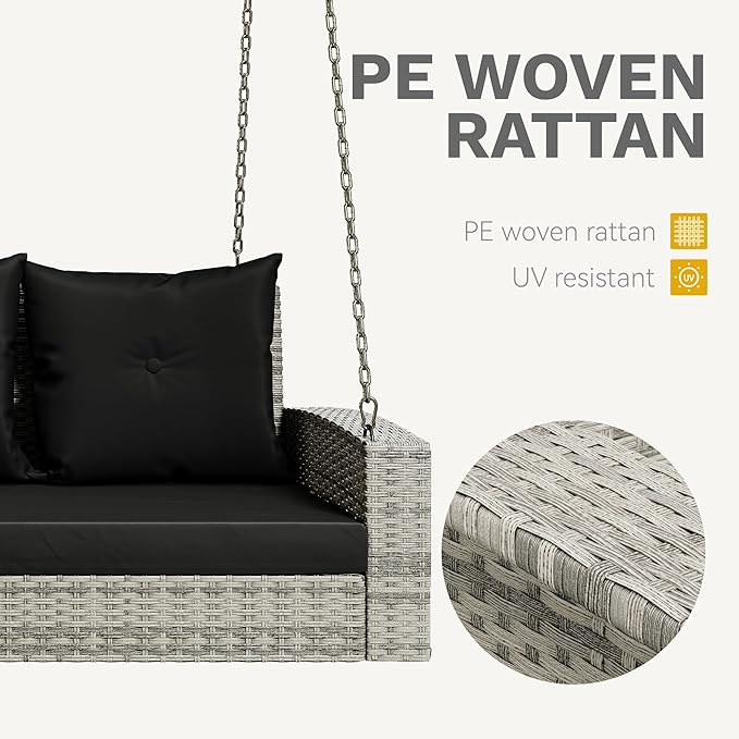 DWVO 3-Seats Wicker Hanging Porch Swing Chair Outdoor Gray Rattan Patio Swing - Image 5