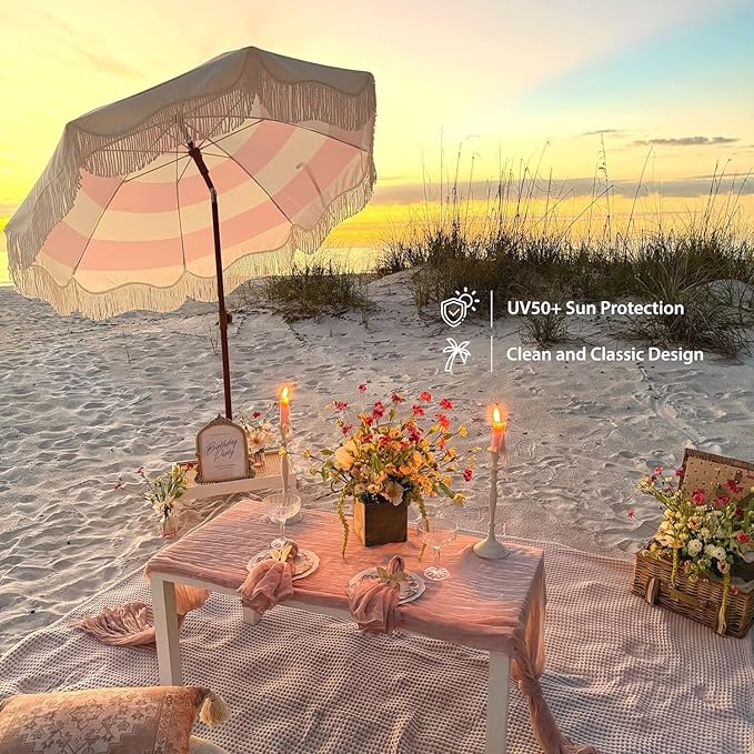 AMMSUN Boho Fringe Umbrella Outdoor Patio, 6.5ft UPF50+ Picnic Umbrella - Image 4