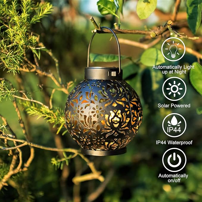 EXCMARK 2 Pack Outdoor Solar Hanging Lantern Lights Metal LED Decorative Lamp - Image 2