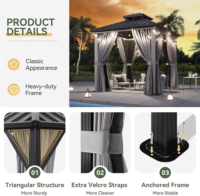 Aoxun 8'x8' Hardtop Gazebo, Aluminum Frame Canopy - Image 5