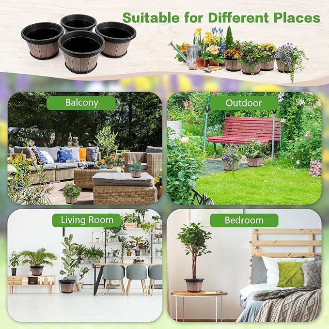 Quarut 4 Pack 8 inch Plant Pot, Upgrade Whiskey Barrel Planters - Image 4