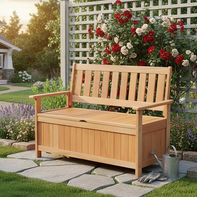 Tangkula 48 Inch Outdoor Wood Storage Bench Deck Box, Wooden Storage Loveseat - Image 2