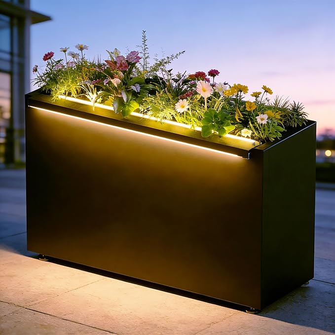 GSK 30" L Black LED Metal Planter Rectangle Flower Box Light Strips ×2 by GSK