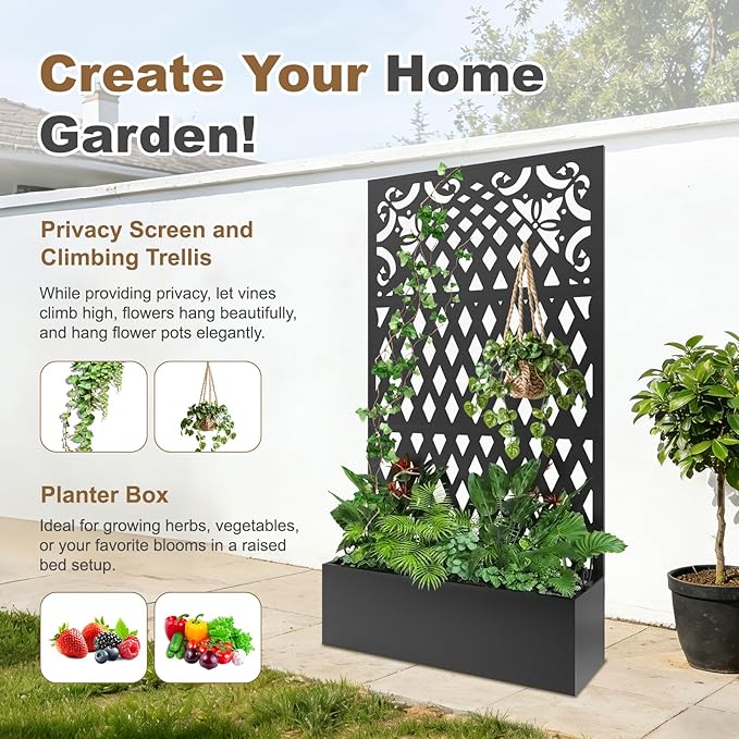 Metal Raised Garden Bed with Trellis & Privacy Screen, Modern Planter with - Image 3