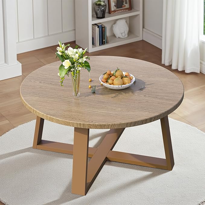 Indoor Round Coffee Table with 35.5” Woodgrain Finish Table Top, Outdoor Metal - Image 3