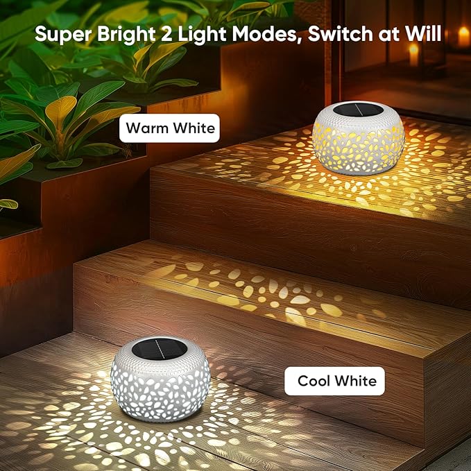 Solar Lanterns Outdoor Waterproof: 2 Pack White Hollow Out Metal Solar Lights - Image 3