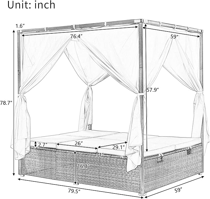 Patio Chaise Lounge, Four-sided Canopy, Overhead Curtain and Orange Cushion - Image 9