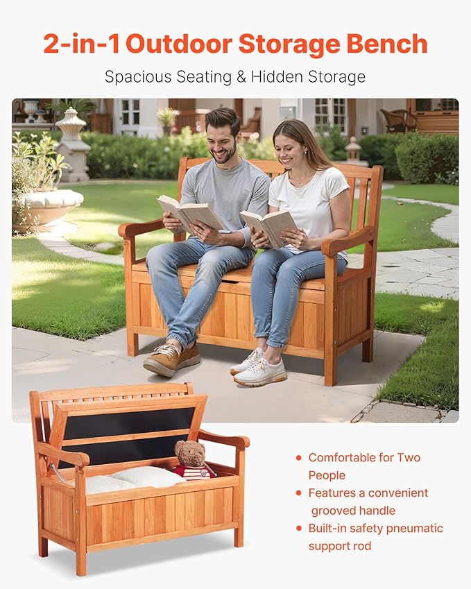 VEVOR Outdoor Storage Bench, 2-Person Wooden Storage Bench, 33 Gallons Deck Box - Image 4