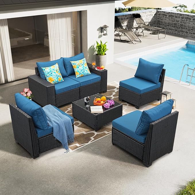 6 Pieces Patio Furniture Set All-Weather Outdoor Wicker Sectional Conversation - Image 8