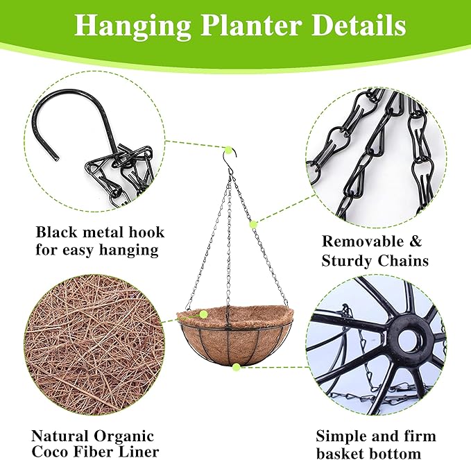 Hanging Planters Basket Set of 3 Hanging Flower Pots 10 Inch Chain Round Wire - Image 5