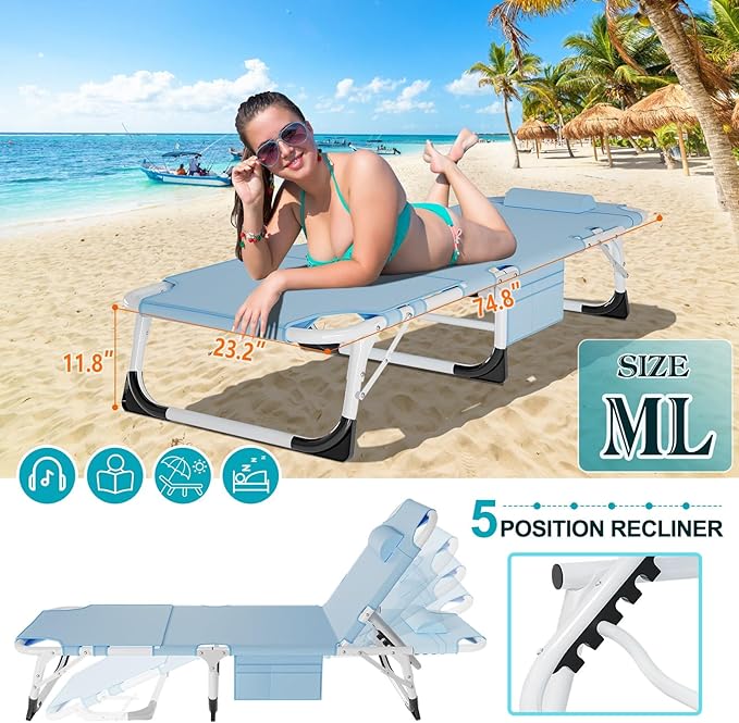 ABORON Oversized Folding Sun Tanning Chair, 3 in 1 Heavy Duty Chaise Lounge - Image 5