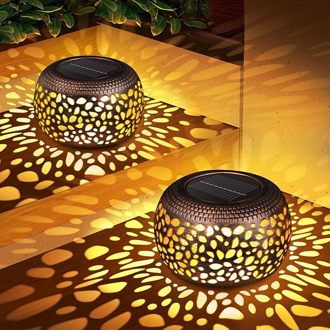 Solar Lanterns Outdoor Waterproof Decor: 2 Pack Red Copper Hollow Out Retro - Image 7
