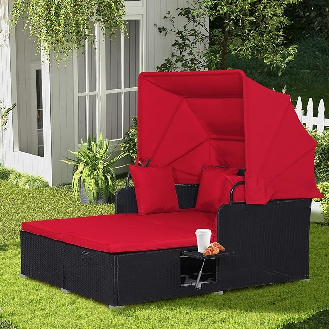 COSTWAY Outdoor Daybed with Retractable Canopy, Wicker Patio Furniture Set with by COSTWAY