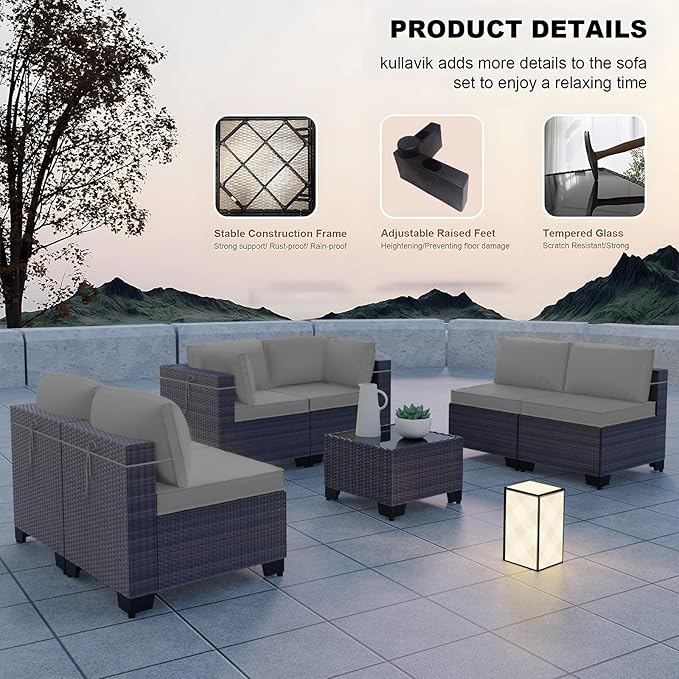Kullavik 7 Pieces Outdoor Patio Furniture Set PE Wicker Rattan Sectional Sofa - Image 3