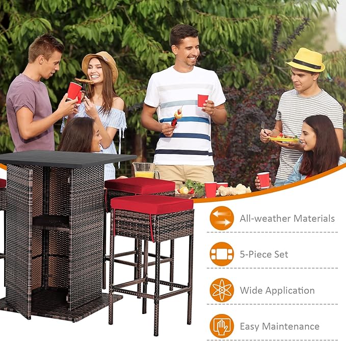 Tangkula 5 Piece Outdoor Rattan Bar Set, Patio Bar Furniture - Image 8