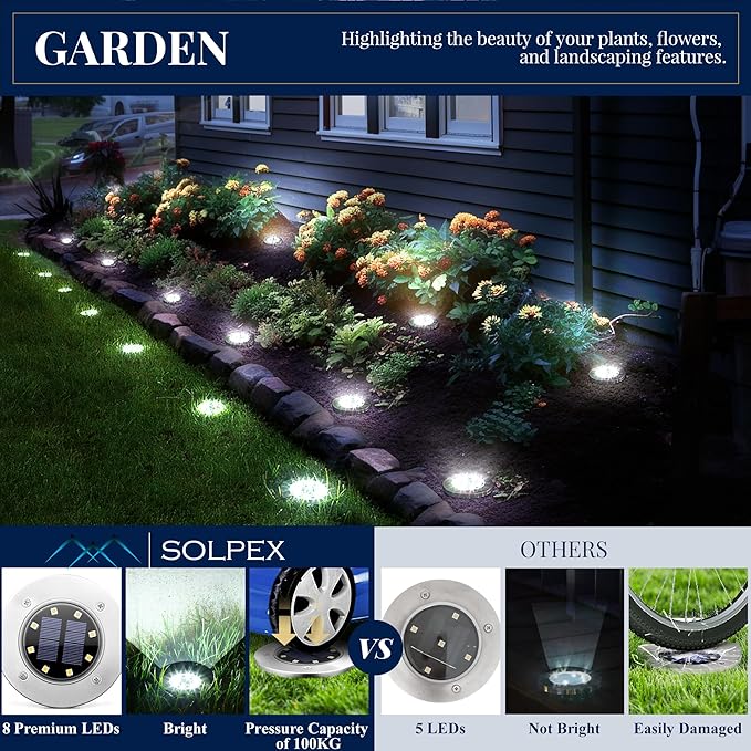 SOLPEX Solar Ground Lights, 12 Pack Solar Lights Outdoor Waterproof, 8 LED - Image 4