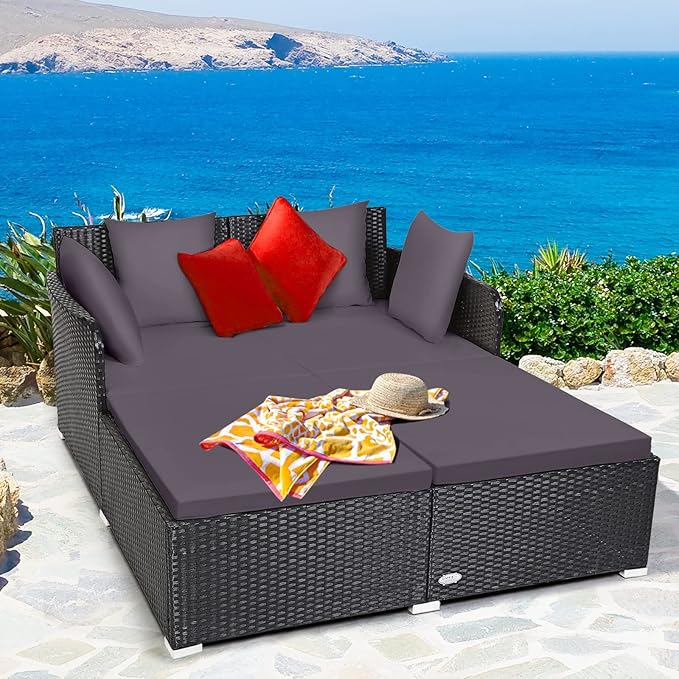 COSTWAY Outdoor Patio Rattan Daybed, Sponge Cushioned Loveseat Sofa - Image 2