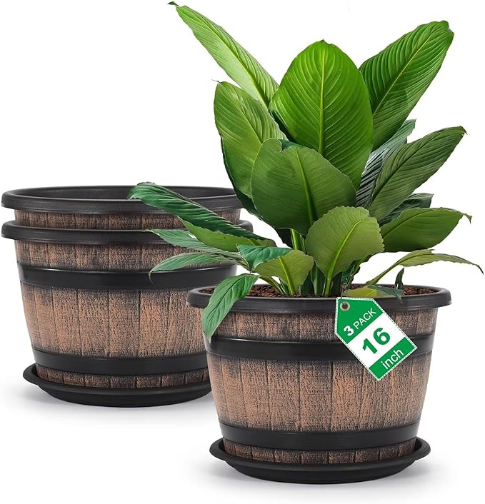 Quarut Large Plastic 3 Pack16 inch Plant Pots, Whiskey Barrel Planters by Quarut