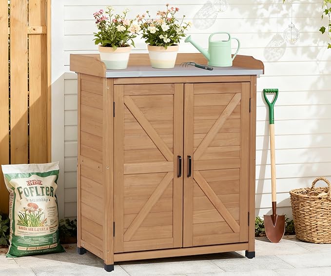 Outdoor Potting Bench with Storage Cabinet and Metal Top, Wood Workstation - Image 8