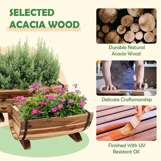 Solid Acacia Wood Half Barrel Planters Outdoor Set of 2 Different Sizes - Image 3