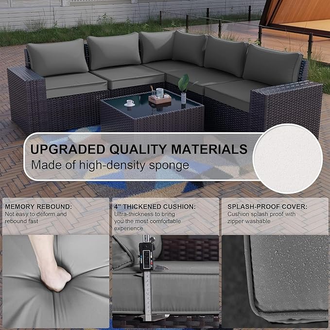Kullavik 6PCS Outdoor Patio Furniture Set PE Wicker Rattan Sectional Sofa Patio - Image 3