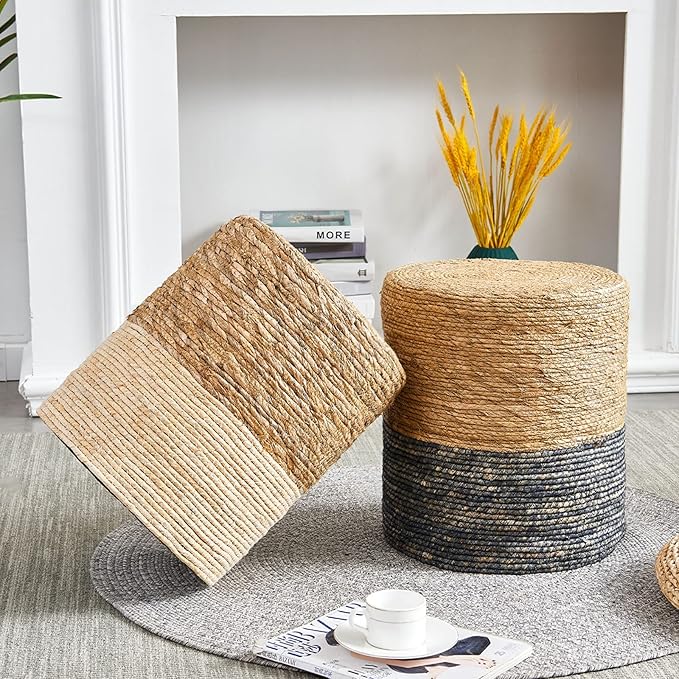 Wimarsbon Round Pouf Ottomans, Handwoven Natural Water Hyacinth Seagrass Pouffe - Image 4