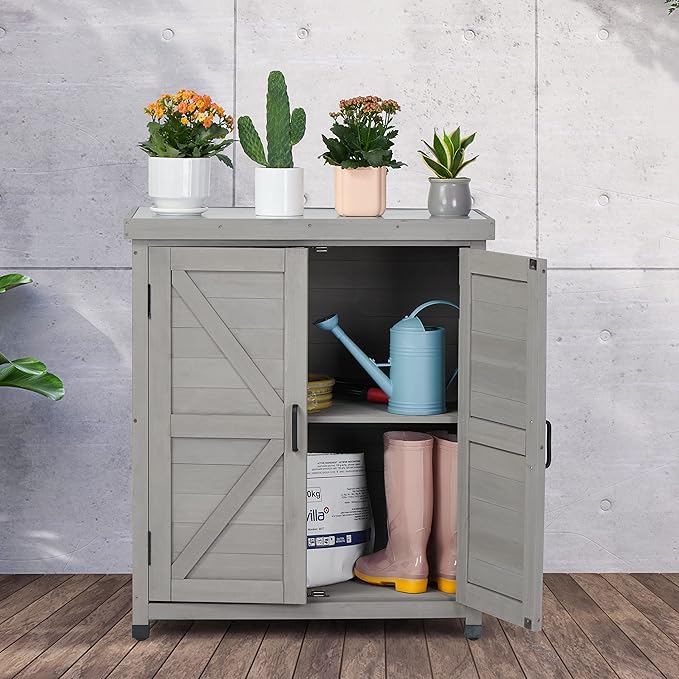 Outdoor Potting Bench with Storage Cabinet and Metal Top, Wood Workstation - Image 5