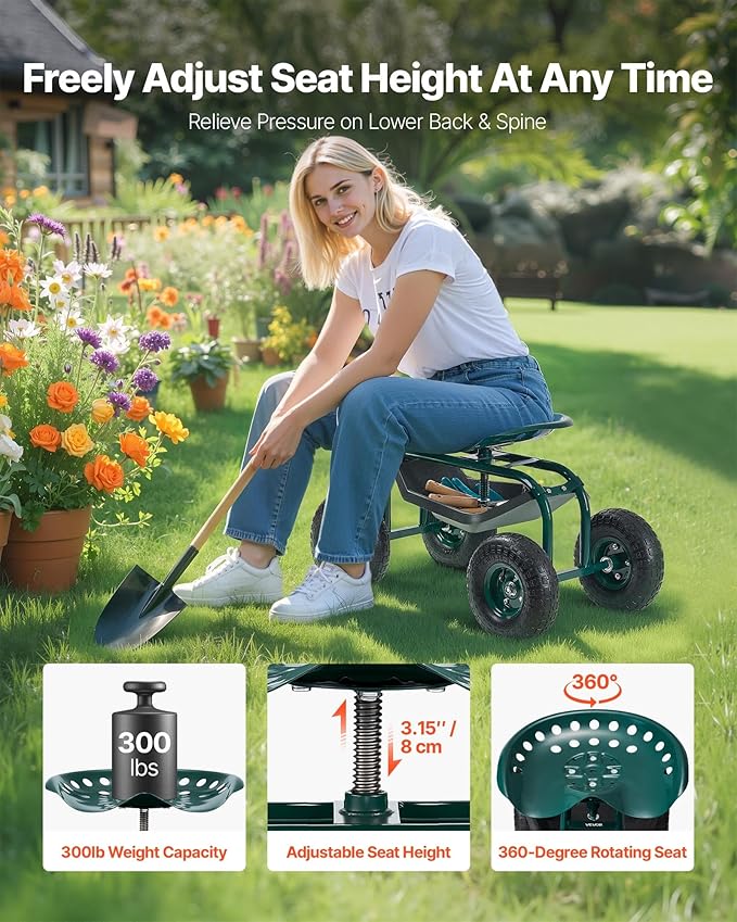 VEVOR Rolling Garden Cart with Swivel Seat, Heavy Duty Garden Seat with Storage - Image 2