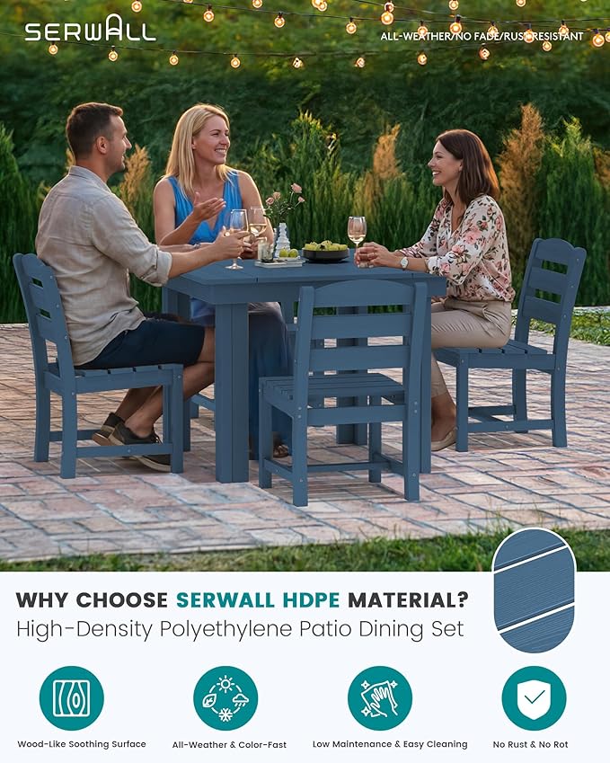 SERWALL Outdoor Dining Set for 4, HDPE Square Table and Chairs Set All Weather - Image 2