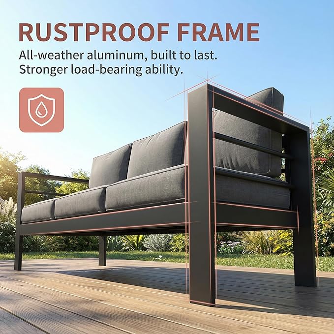 Kiss the Water Outdoor Couch Aluminum Patio Furniture Sofa, 3 Seat All-Weather - Image 4