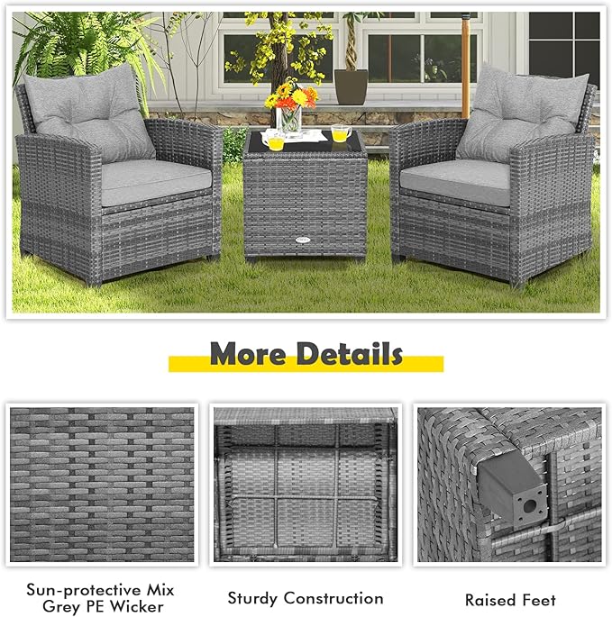 Tangkula 3 Pieces Patio Furniture Set, Outdoor PE Rattan Conversation Chair Set - Image 8