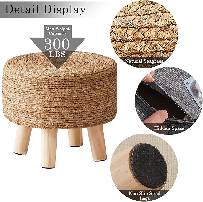 Cpintltr Foot Stool Natural Seagrass Hand Weave Poufs Round Ottoman - Image 5