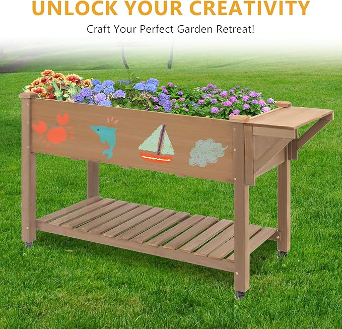 Raised Garden Bed with Lockable Wheels Mobile Elevated Wood Planter, Storage - Image 8