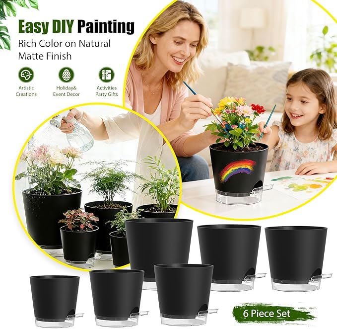 Plant Pots 4/5/5.5/6/6.5/7 Inch Self Watering Pots, 6 Pack Plastic Planters - Image 6