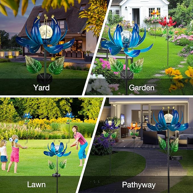 Solar Garden Lights Metal Flower Decor, Colorful Lotus Pathway Spinning Windmill - Image 7