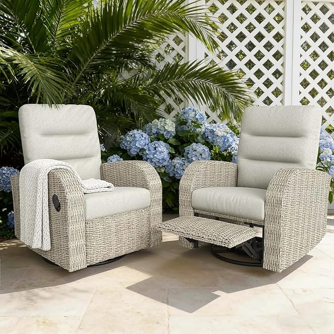Outdoor Swivel Recliner Chair Set of 2, All-Weather Wicker Reclining Patio Chair by Vakollia